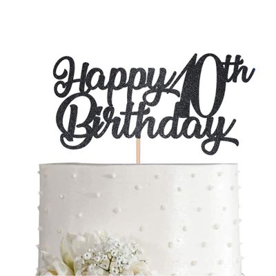 Black Happy 10th Birthday Cake Topper, Black Glitter Cheers To 10 Years Party Cakes Decorations, Supply