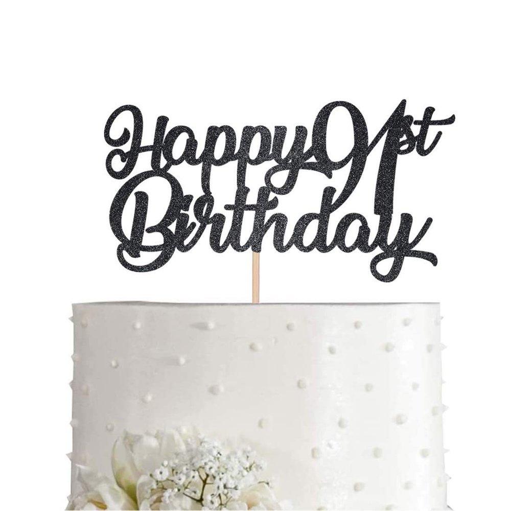 Black Happy 91st Birthday Cake Topper, Black Glitter Cheers To 91 Years Party Cakes Decorations, Supply