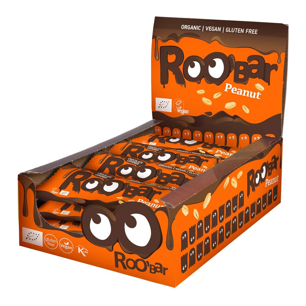 Roobar Chocolate Covered Peanut Bar 100% Organic Vegan Bar. Dairy & Gluten Free, No Added Refined Sugar, 16 x 30g