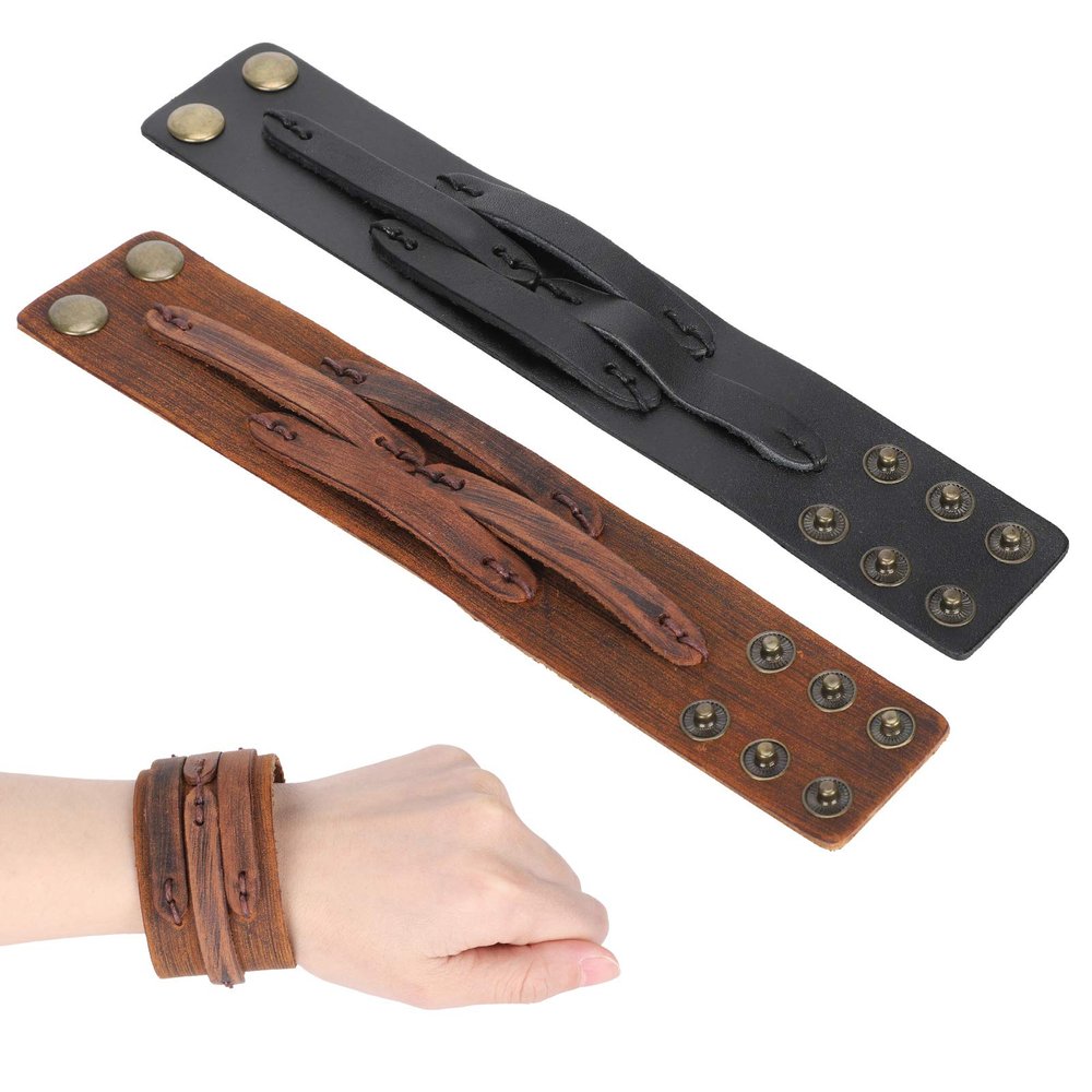 Atyhao 2Pcs Leather Bracelet, HandMade Vintage Simple Style Punk Bracelet Adjustable SnapFastener Casual Ladies Punk Jewelry Wrist Cuff Bangle Bracelet