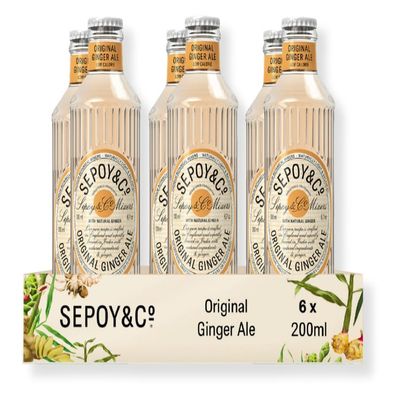 SEPOY & CO. Fiery Ginger Ale (Pack of 6) - Luxury Mixer for Whisky & Dark Rum | Crafted with Natural Gingers & Himalayan Water | 100% Natural, Low Sugar, Low Calorie | 200ml Glass Bottles