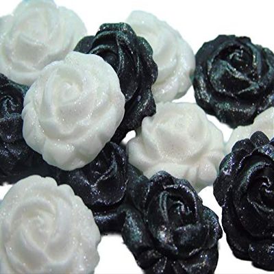 12 Mixed Edible Roses Flower Cupcake Toppers Cake Decorations (Black White)