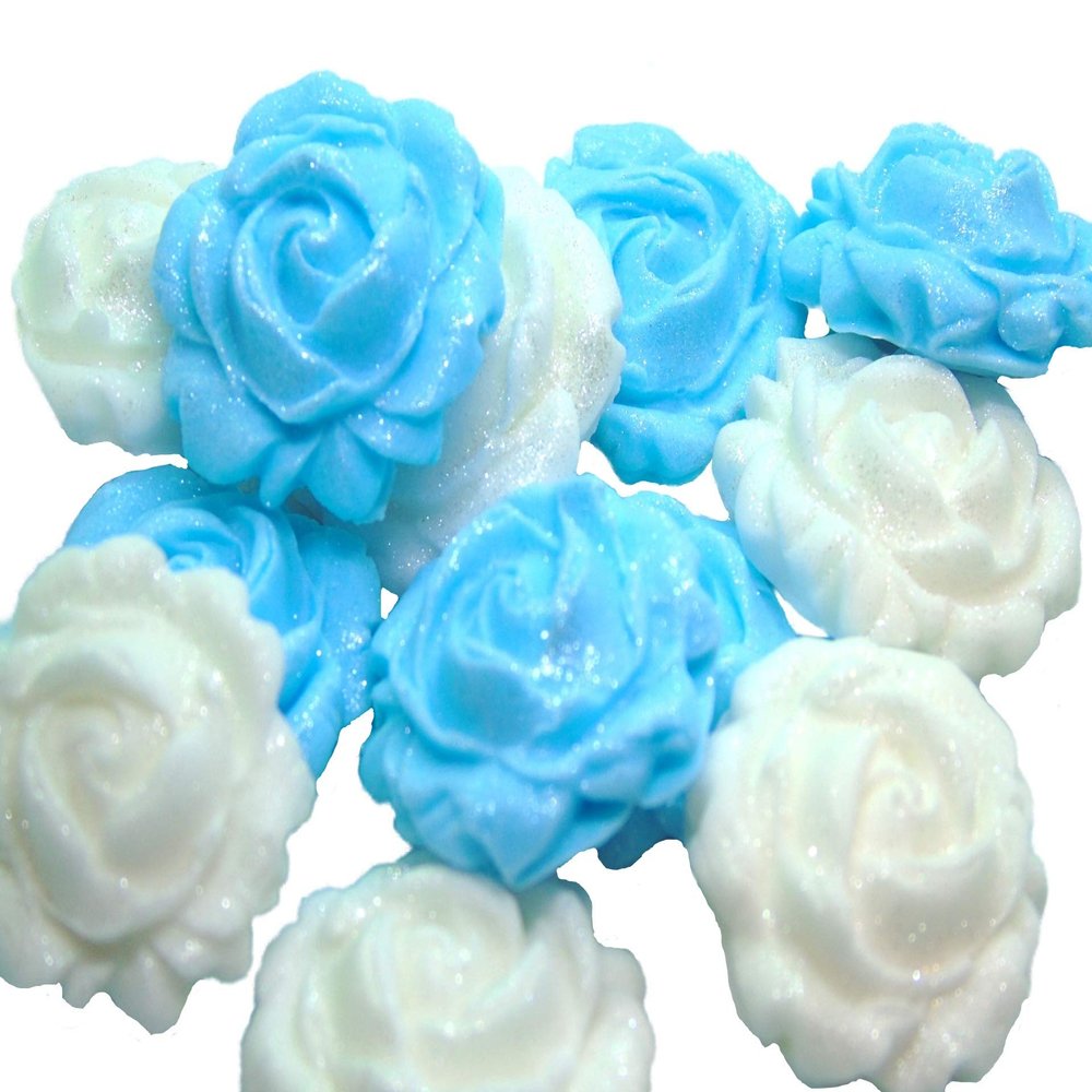 12 Mixed Edible Roses Flower Cupcake Toppers Cake Decorations (Blue White)