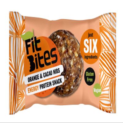 FitBites Orange + Cacao Energy Protein Snack Ball, Vegan, Gluten Free, Pack of 18