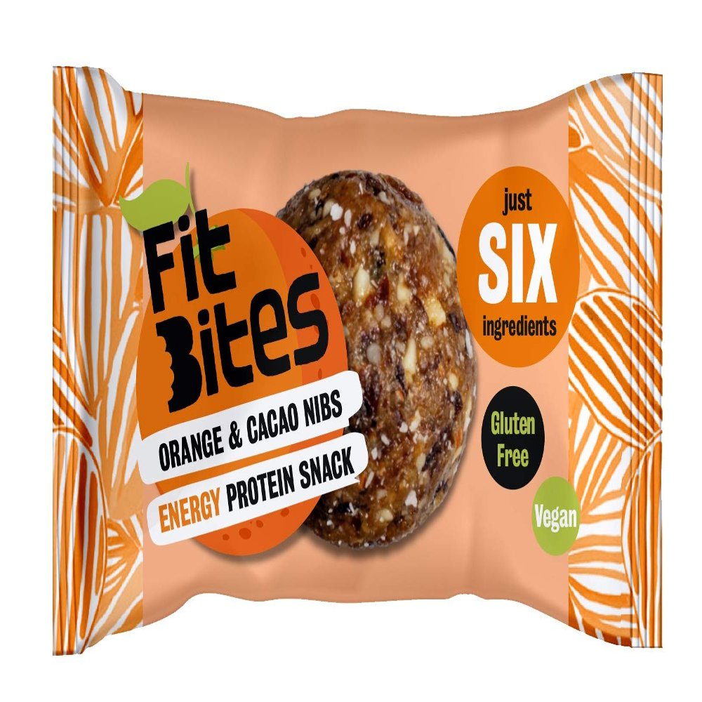 FitBites Orange + Cacao Energy Protein Snack Ball, Vegan, Gluten Free, Pack of 18