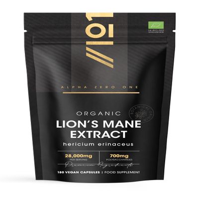 Organic Lions Mane Supplement 28,000mg 50% Polysaccharides (700mg) 180 Vegan Capsules High Strength Mushroom Supplement Resealable and Recyclable Pouch by Alpha01