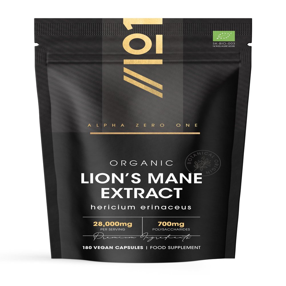 Organic Lions Mane Supplement 28,000mg 50% Polysaccharides (700mg) 180 Vegan Capsules High Strength Mushroom Supplement Resealable and Recyclable Pouch by Alpha01