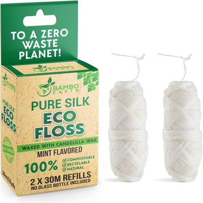 Biodegradable Mint Dental Tooth Lace Floss - 2X Refillable Flossers - 100% Organic Natural and Compostable Teeth Silk Spool - Waxed with Candelilla Wax & Eco-Friendly Zero Waste Packaging