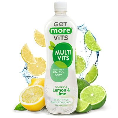 Get More Vits Flavoured Water - Vegan, Low Calorie, & Sugar Free Spring Water with of Vitamin B12 - Pink Grapefruit Flavoured Adults & Kids Drinks - 1 Litre Spring Water Bottle Multipack, Pack of 12