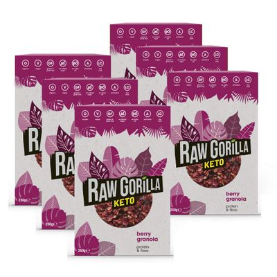 Raw Gorilla Keto Berry Granola 6 Pack of 250g | Low Sugar, Vegan, No Added Sugar, Low Carb 4g Net Carbs, Plant Based Breakfast Cereal with Activated Nuts, Grain & Gluten Free
