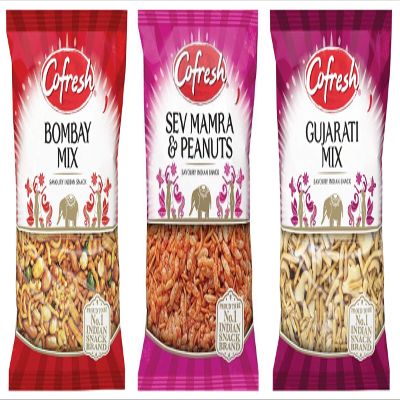 Cofresh Indian Snacks Selection Gujarati Mix, Bombay Mix and Sev Mamra & Peanuts 3 x 325g Large Bags Party Set from Kingdom Supplies