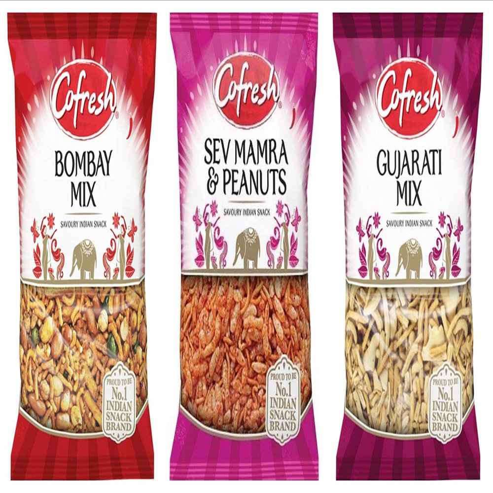 Cofresh Indian Snacks Selection Gujarati Mix, Bombay Mix and Sev Mamra & Peanuts 3 x 325g Large Bags Party Set from Kingdom Supplies