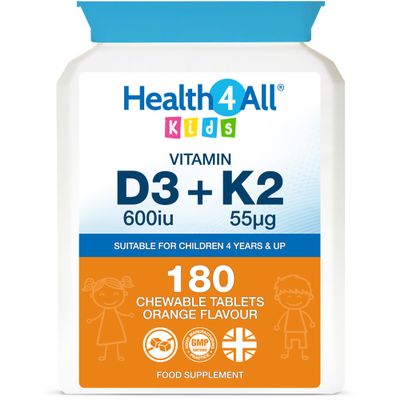 Health4All Kids Vitamin D3 + K2 180 Chewable Tablets 6 Months Supply, 600iu D3 & 55mcg K2 MK-7 for Children 4+, Natural Orange Flavour, Sugar-Free | Made in UK (Not Gummies)