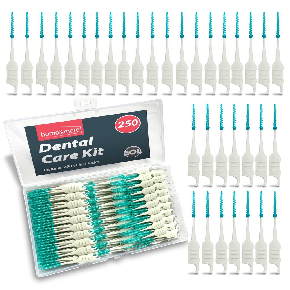 SOL 250pcs Dental Floss Picks, Green Silicone Sticks and Interdental Tooth Brushes for Human Teeth Cleaning, Plastic Toothpicks with Dual Design, Non-Slip Handle, Portable Tool for Teeth Care Flossing