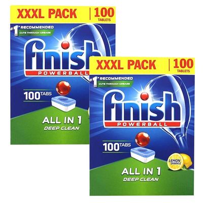 2 x 100 Tablets All In One Dishwasher Lemon Powerball Grease Cleaner