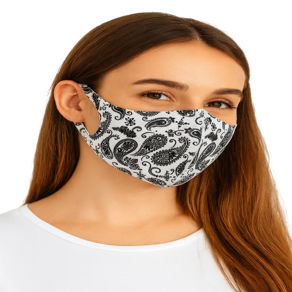 Komonee Face Mask Washable Reusable White Paisley Dustproof Cloth Mouth Cover Covering For Men Women Outdoors Indoors Cycling Ski Protection (Pack of 2)
