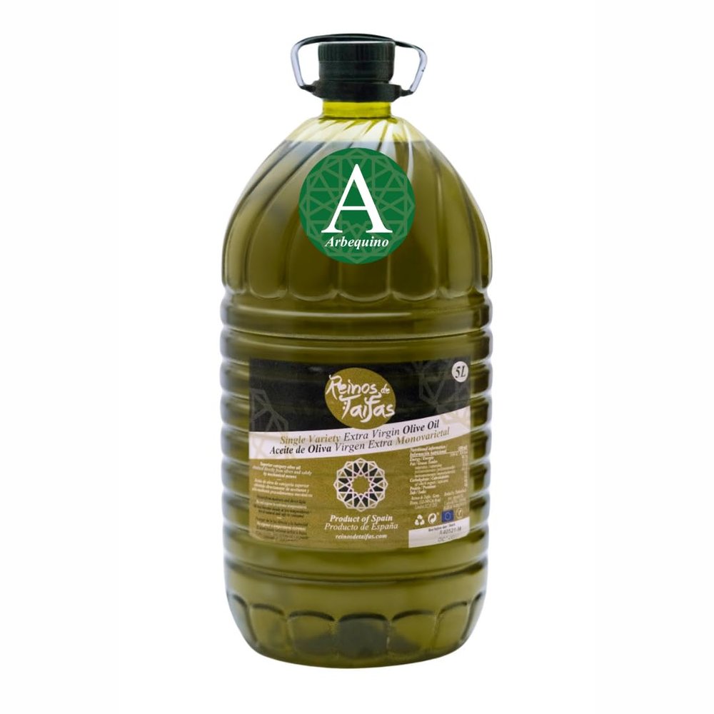 Reinos de Taifas Extra Virgin Olive Oil  single variety from Andalucia Spain, olive oil high polyphenols with low acidity, unfiltered evoo for cooking frying dressing shots drinking (5L, Arbequina)
