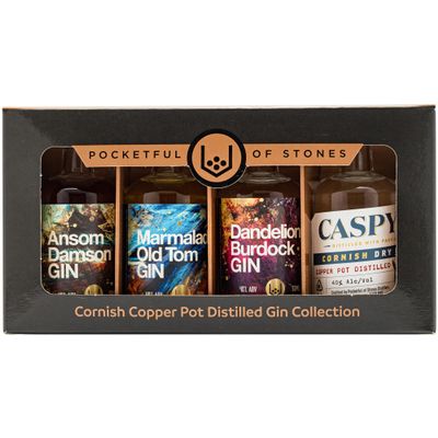 Pocketful Of Stones Cornish Gin Gift Set 4 x 5cl Premium Spirits Featuring Caspyn, Damson, Old Tom & Dandelion & Burdock. Gift for Gin Lovers