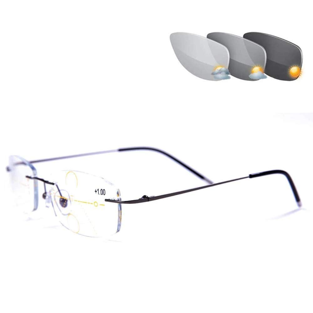 Ultra-Light Frameless Anti-Blue Light Reader, Progressive Multi-Focus Sunglasses with Color-Changing Lenses, Hyperopia and Presbyopia Glasses,Gun Color,+1.50