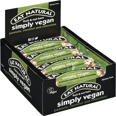 Eat Natural Simply Vegan Peanuts, Coconut & Chocolate  12 x 45g Snack Bars 45g, Gluten Free Snacks  Dark Chocolate, Peanuts, Toasted Coconut & Blossom Nectar  High Fibre Cereal Bars  Vegan
