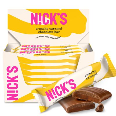NICKS Crunchy Caramel Keto Chocolate Bars No Added Sugar, 88 Calories, 2 Net carbs, Gluten Free Sweets Low carb Candy Snack Bar with Almonds (Multipack 21x28g)