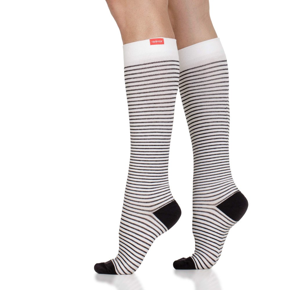 VIM & VIGR 30-40 mmHg Compression Socks for Women & Men, Cream & Black Pinstripe, 4