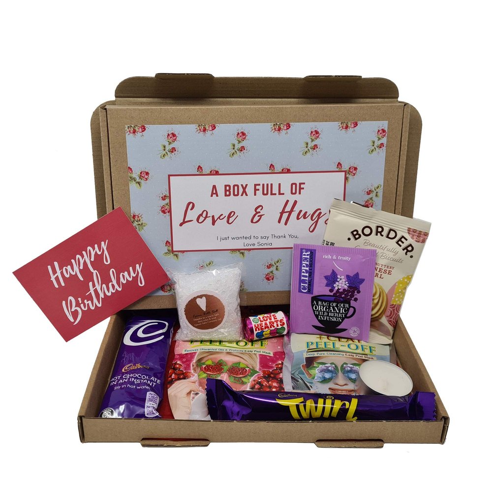 Personalised Pamper Treat Box Letterbox Gift Box Hug in a Box Drink Hamper - You got this, Anxiety Worry Take a break - Lockdown - Birthday, Thinking of You, Missing you (Floral - Happy Birthday)