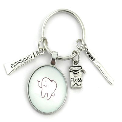 FizzyButton Gifts Tooth Print Silver Tone Keyring Key Ring with Toothpaste, Toothbrush and Dental Floss Charms