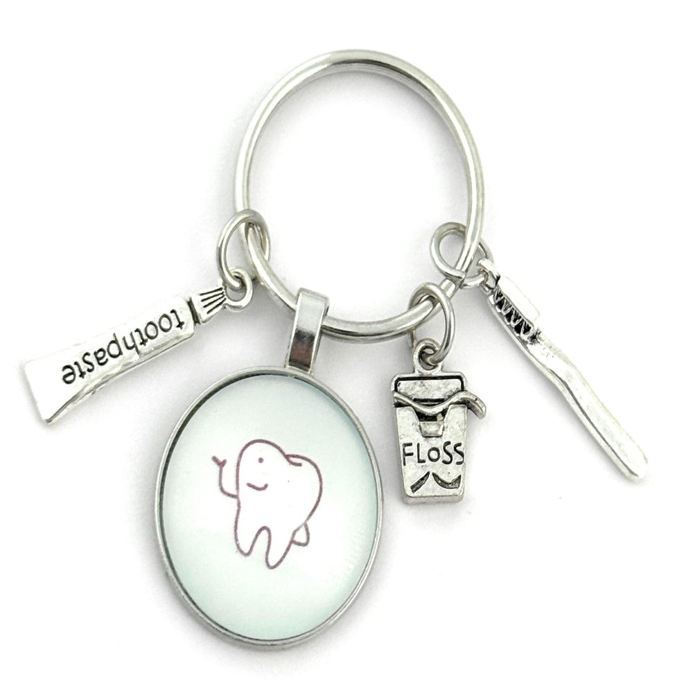 FizzyButton Gifts Tooth Print Silver Tone Keyring Key Ring with Toothpaste, Toothbrush and Dental Floss Charms