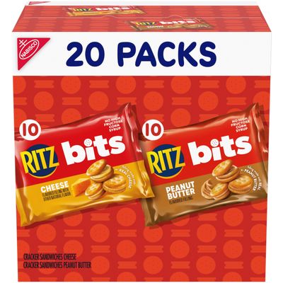RITZ Bits Cheese and RITZ Bits Peanut Butter Cracker Sandwiches Variety Pack, 20 Snack Packs