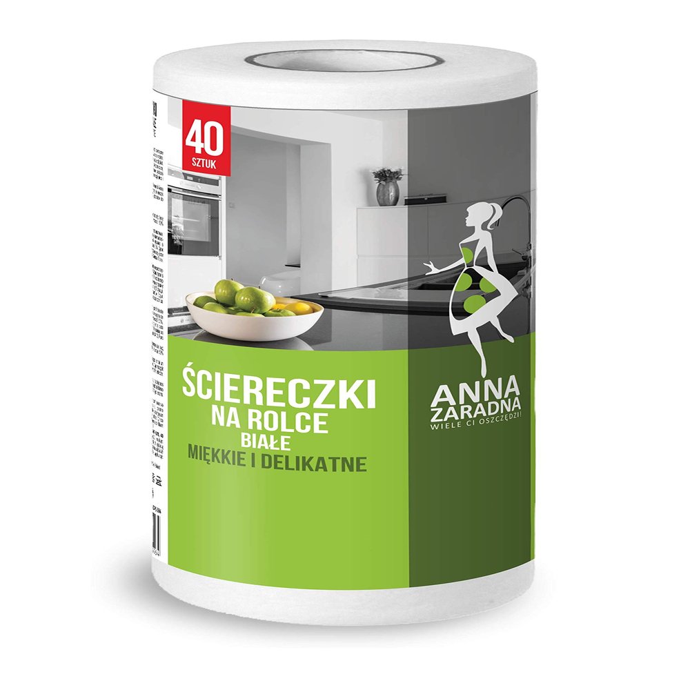ANNA ZARADNA 035564 High-Quality Wiping Cloth on Roll/Kitchen Roll Washable/Pack of 40 / Colour: White/Pre-Perforated for Easy Removal/Made in The EU