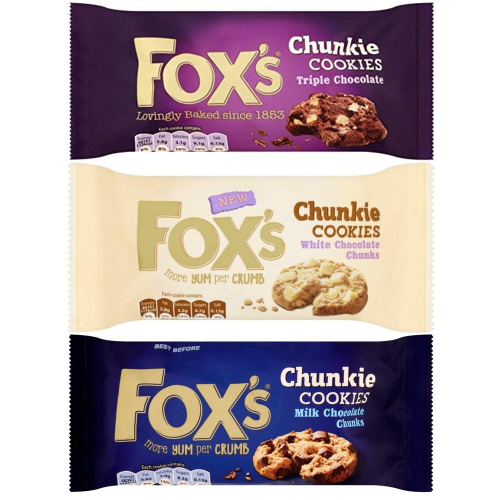 Fox's Chunkie Cookies 6 x 180g- Triple Chocolate, White Chocolate, Milk Chocolate