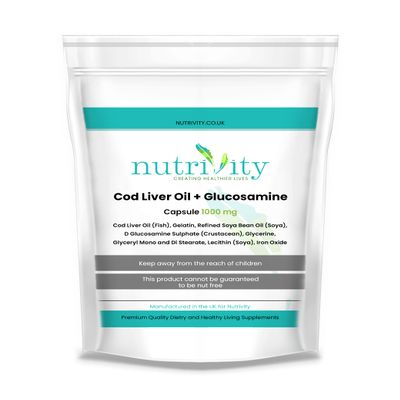 Cod Liver Oil & Glucosamine 1000mg | 365 Capsules | 12 Month Supply | High Strength Omega-3 EPA & DHA | Halal Suitable | UK GMP Made | Nutrivity