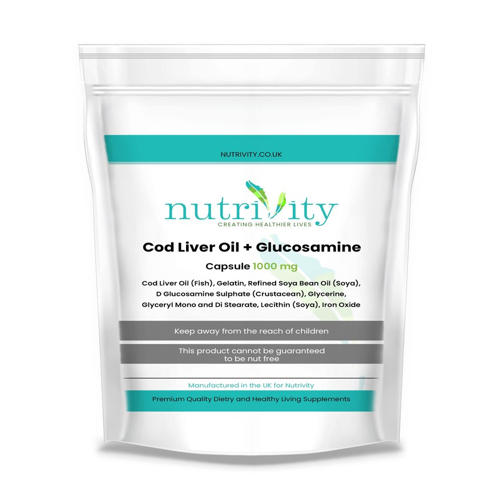 Cod Liver Oil & Glucosamine 1000mg | 365 Capsules | 12 Month Supply | High Strength Omega-3 EPA & DHA | Halal Suitable | UK GMP Made | Nutrivity