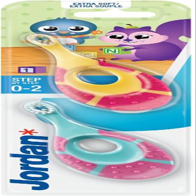 Jordan  | Step 1 Baby Toothbrush | Baby Toothbrush 0-2 Years | The Original Toddler Toothbrush with Extra Soft Bristles & Soft Biting Ring for Babies Gums and Easy Grip | Mixed Color | Pack 2