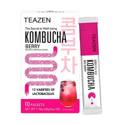 TEAZEN Berry Kombucha Tea, Hydration Drink Mix, Sugar Free, Live Probiotics & Prebiotics, 10 Sticks, 1.76oz