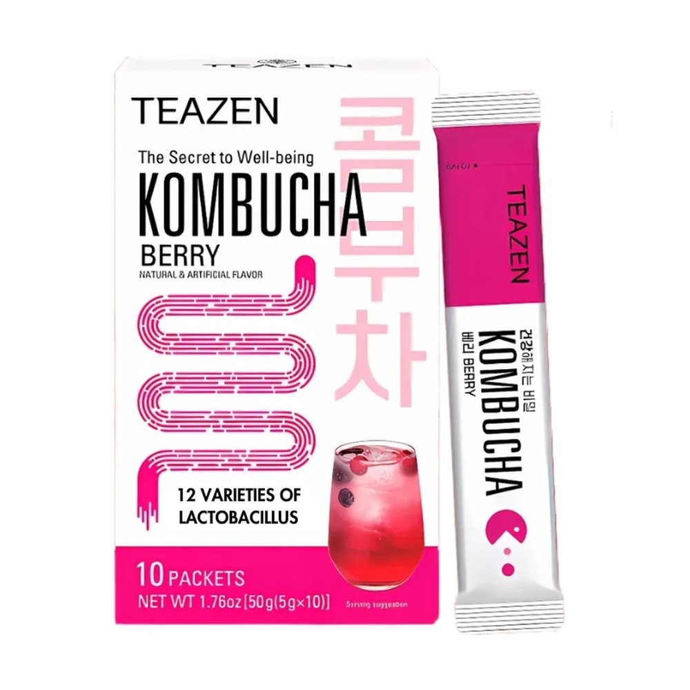 TEAZEN Berry Kombucha Tea, Hydration Drink Mix, Sugar Free, Live Probiotics & Prebiotics, 10 Sticks, 1.76oz