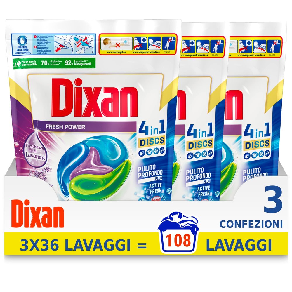 Dixan Discs Freshness of Lavender, Predosed Washing Machine in Capsules 4 in 1, Deep Clean, 3x36-108Washes - 2700g