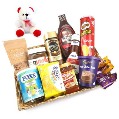 Jaiccha Ghasitaram Basket Hamper of 14 Goodies with Teddy |Gift for Diwali,Holi,Rakhi,Valentine,Christmas,Birthday,Anniversary,Her,Him|