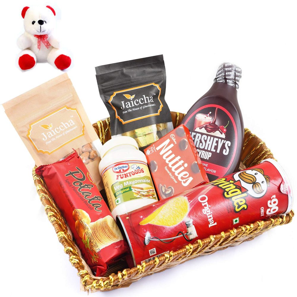 Jaiccha Ghasitaram Basket Hamper of 7 Goodies with Teddy |Gift for Diwali,Holi,Rakhi,Valentine,Christmas,Birthday,Anniversary,Her,Him|