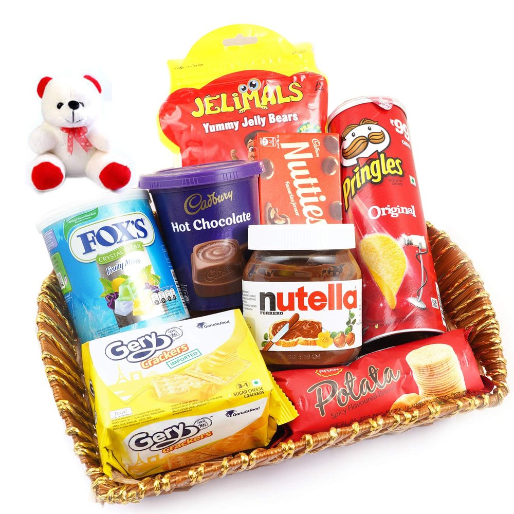 Jaiccha Ghasitaram Basket Hamper Kids Delight with Teddy |Gift for Diwali,Holi,Rakhi,Valentine,Christmas,Birthday,Anniversary,Her,Him|