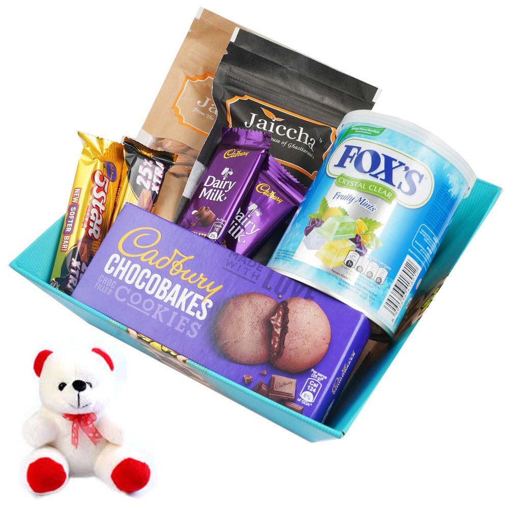 Jaiccha Ghasitaram Medium Basket Hamper of 8 Goodies with Teddy |Gift for Diwali,Holi,Rakhi,Valentine,Christmas,Birthday,Anniversary,Her,Him|