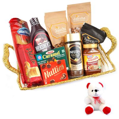 Jaiccha Ghasitaram Basket Hamper of 10 Goodies with Teddy |Gift for Diwali,Holi,Rakhi,Valentine,Christmas,Birthday,Anniversary,Her,Him|