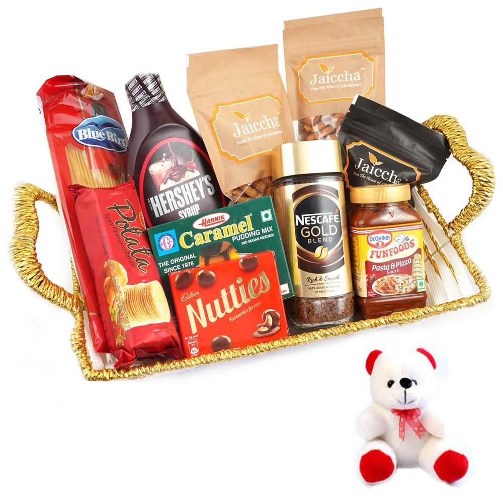 Jaiccha Ghasitaram Basket Hamper of 10 Goodies with Teddy |Gift for Diwali,Holi,Rakhi,Valentine,Christmas,Birthday,Anniversary,Her,Him|