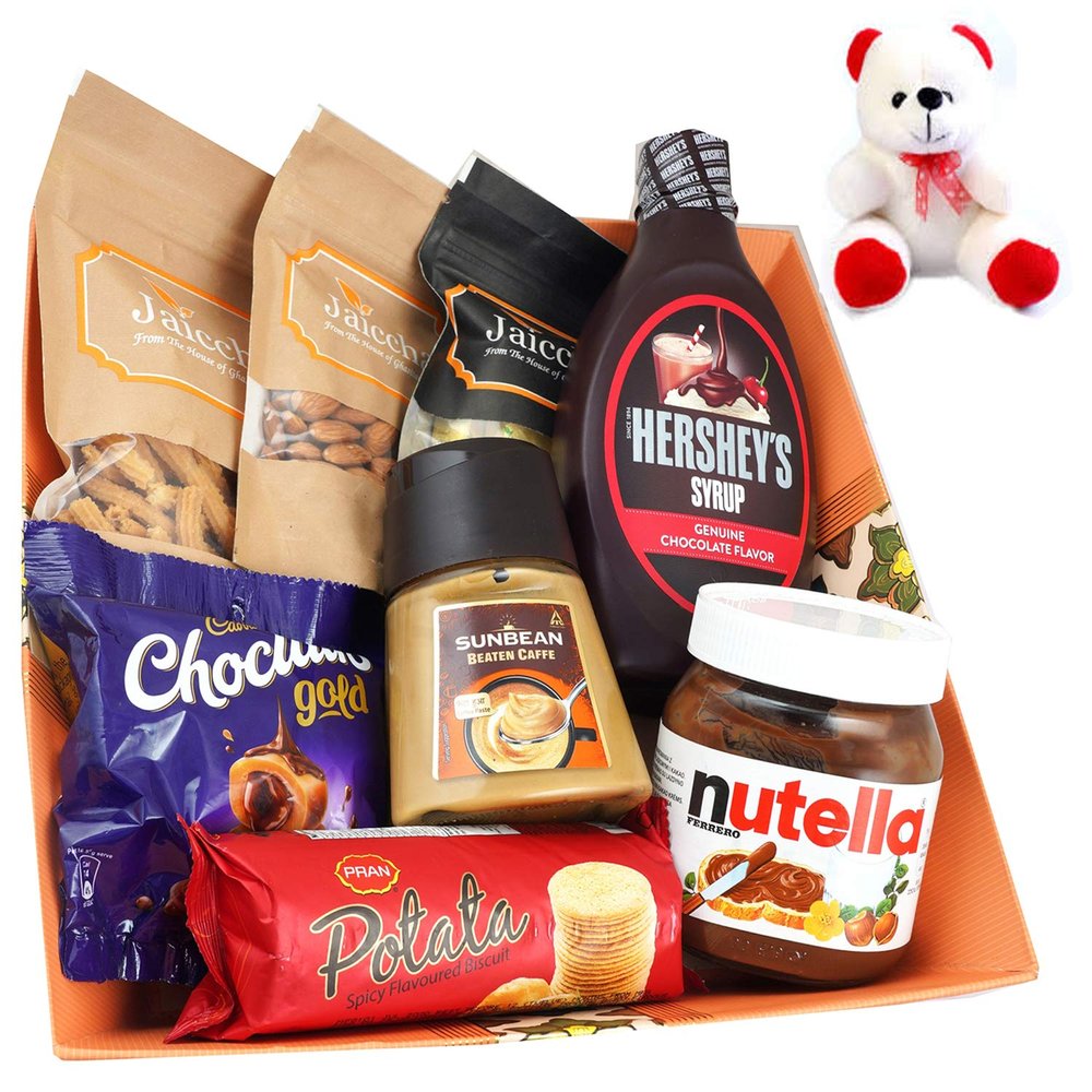 Jaiccha Ghasitaram Big Basket Hamper of 8 Goodies with Teddy |Gift for Diwali,Holi,Rakhi,Valentine,Christmas,Birthday,Anniversary,Her,Him|