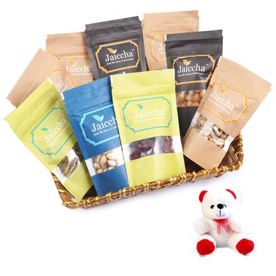 Jaiccha Ghasitaram Basket Hamper of 9 Heavenly Dryfruits with Teddy |Gift for Diwali,Holi,Rakhi,Valentine,Christmas,Birthday,Anniversary,Her,Him|