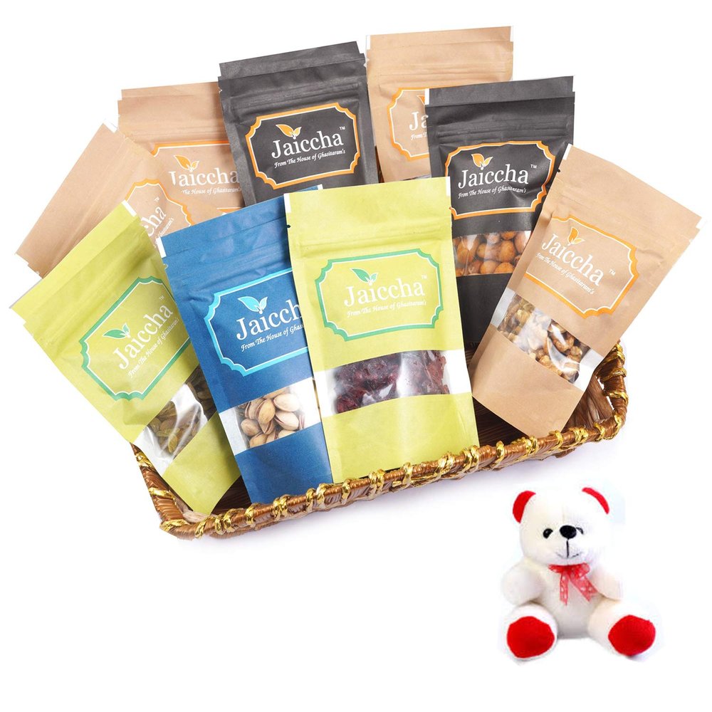 Jaiccha Ghasitaram Basket Hamper of 9 Heavenly Dryfruits with Teddy |Gift for Diwali,Holi,Rakhi,Valentine,Christmas,Birthday,Anniversary,Her,Him|