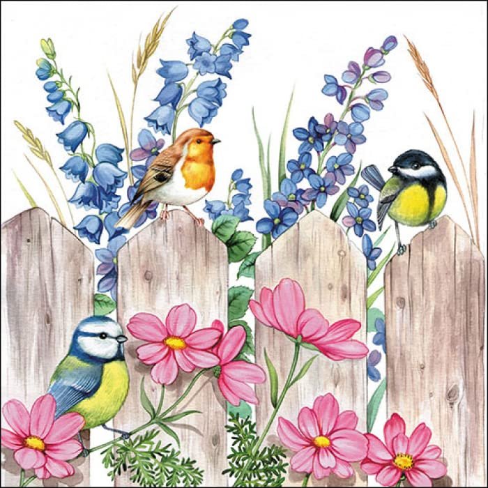 20 napkins, birds and flowers on the fence, animals, spring, summer, 33 x 33 cm