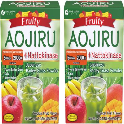 FINE JAPAN Green Aojiru Powder with Fruits and Nattokinase, Powder Juice & Smoothie Mix, Supports Digestion and Energy (154 gr/5.4 oz/30 Packets) Set of 2