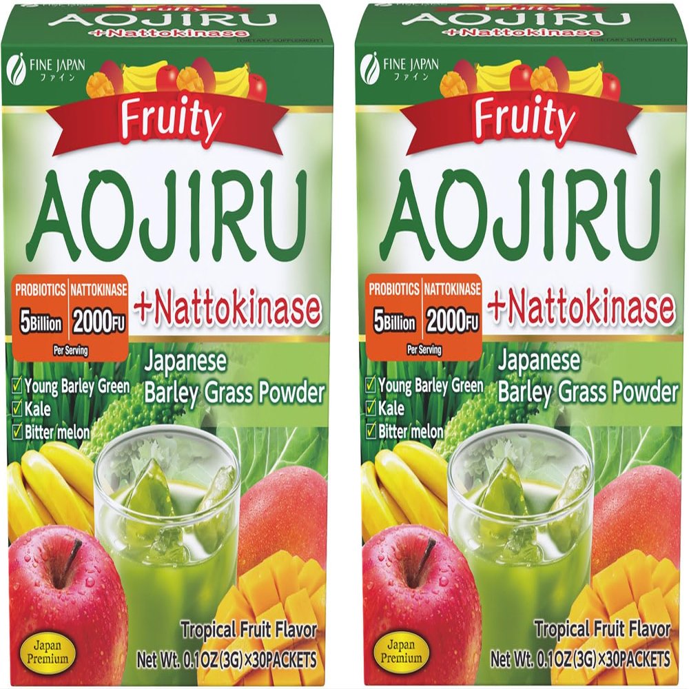 FINE JAPAN Green Aojiru Powder with Fruits and Nattokinase, Powder Juice & Smoothie Mix, Supports Digestion and Energy (154 gr/5.4 oz/30 Packets) Set of 2